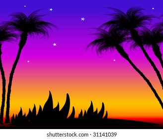 summer illustration with palms in the sunset