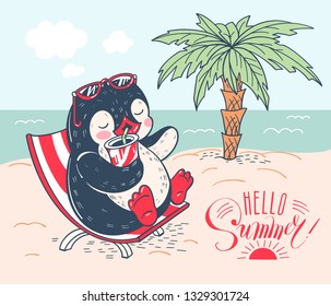 Summer illustration with a penguin in a sun lounger on the beach.  Vector.