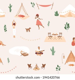 Summer illustration. People relax on beach, walk, play the guitar, dance. Hammock, hut, cafe with lemonade on table, abstract lake with boat, cactus, leaves, lights bulbs. Tropical seamless pattern