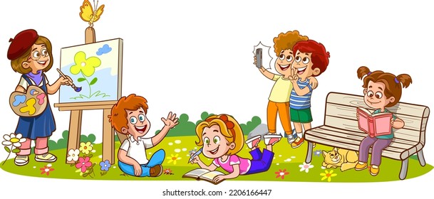 Summer illustration with playing kids