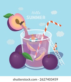 ilustração de verão de ameixa e copo suco de ameixa e nadadores