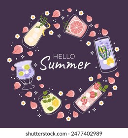 Summer illustration with refreshing drinks in unique glasses, garnished fruits, herbs. Drinks arranged in circular pattern, Hello Summer text, purple background, pink petals and small white flowers.