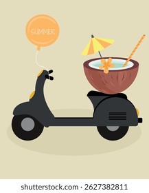 Summer Illustration with Retro Scooter and Coconut Cocktail,Balloon