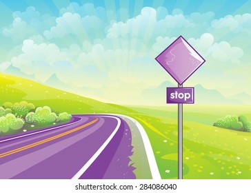 Summer illustration road among fields and sign at the curb