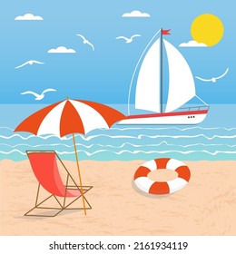 Summer illustration with sailing yacht, palm tree, sunbed, umbrella and lifebuoy on the beach. Summer beach illustration. Vector stock illustration.