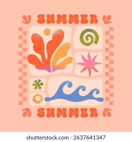 Summer illustration with sea ocean waves,coral,star.Groovy boho beach,surf club retro aesthetic.Summer vacation background in simple funny style.Graphic print for t shirts,banners,covers,branding