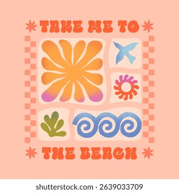 Summer illustration with sea ocean waves,coral,sun,bird.Groovy boho beach,surf club retro aesthetic.Summer vacation background in simple funny style.Graphic print for t shirts,banners,covers,branding