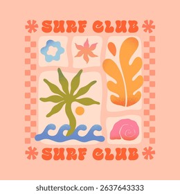 Summer illustration with sea ocean waves,palm,coral,star,seashell.Groovy boho beach,surf club retro aesthetic.Summer vacation background in simple style.Graphic print for t shirts,covers,branding