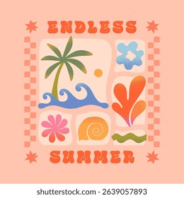 Summer illustration with sea ocean waves,palm,coral,sun,seashell.Groovy boho beach,surf club retro aesthetic.Summer vacation background in simple style.Graphic print for t shirts,covers,branding