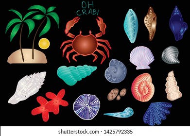 Summer Illustration of sea shells, crab and coconut tree . 
Illustration of under water objects