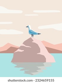 Ilustración veraniega, ave de gaviota sobre una roca en el fondo de un paisaje marino. Imágenes prediseñadas, impresiones, afiches	
