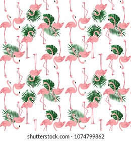 Summer illustration seamless pattern background with pink Flamingo birds and green leaves