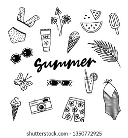 Summer illustration set. Cute collection of hand drawn elements: palm leaf, sunglasses, camera, ice cream, butterfly, swimsuits, etc. Vector icons.