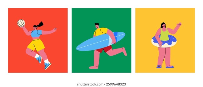 Summer illustration set. Flat illustration of people enjoying summer activities—playing beach volleyball, surfing, relaxing with a swim ring. Vacation, seaside, water sports, tropical holiday concept