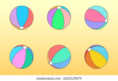 Summer illustration with a set toys of colorful beach balls in various pastel and vibrant color combinations on a gradient yellow background. Ideal for summertime, activity, beach, and outdoor design.