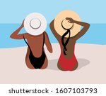 Summer illustration with a silhouette of two girls in a swimsuit on the beach. Summer concept, vacation and beach concept