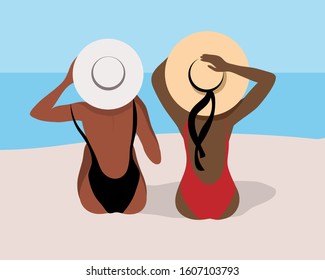 Summer Illustration With A Silhouette Of Two Girls In A Swimsuit On The Beach. Summer Concept, Vacation And Beach Concept