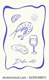 Ilustração de verão em estilo de esboço sobre fundo branco. Linha de tinta azul e texto Dolce vita. Copo de champanhe, camarão, ostra, limão e concha em moldura ondulada. Ideal para fundo, cartaz, tampa, cartão