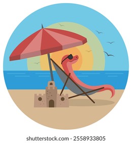 Summer illustration: a snake is resting on a deck chair under an umbrella on the beach. Nearby is a sandcastle, the sea, the sun and seagulls in the sky. A bright scene of relaxation and summer mood.