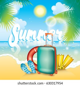 Summer illustration with a suitcase, flaps, fins and a life ring. Vacation and rest. Multicolored beautiful drawing with summer objects, sea and beach.