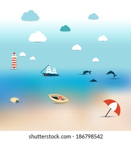 Summer illustration of sun beach. Turquoise see, ship, dolphins and infinite ocean. Blur background.