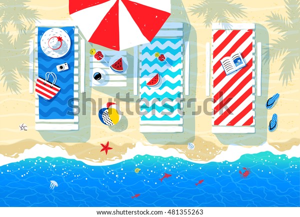 Summer illustration of sun\
beds, parasol and seaside accessories on beach sand background with\
sea surf.