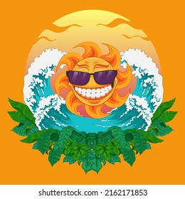 summer illustration with sun and big waves on an island