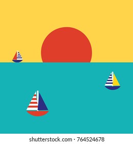 
Summer illustration. Sunset in the ocean with sailing boats