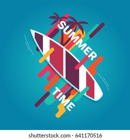 Summer illustration with surfboards, palm trees and the words "Summer time" surrounded by geometric elements. Flat summer multicolor illustration