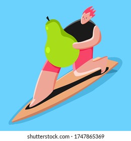 Summer illustration with surfer holding pear vector isolated on background.
