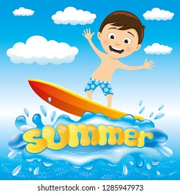 Summer illustration with a surfer on the wave.