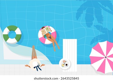 Summer illustration with swimming pool, cocktails and swimming rings. Women relaxing by the pool.