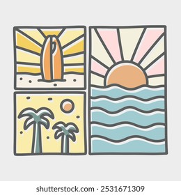 Summer illustration with three part of summer vibes like waves, surfboard and sunset