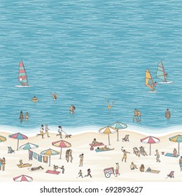Sommergrafik von winzigen Menschen, die laufen, schwimmen, sonnen und surfen am Strand mit Platz für Text