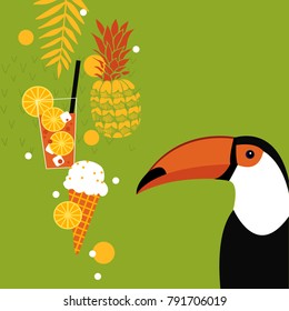 Summer illustration with toucan, ice cream and pineapple. Vector illustration.