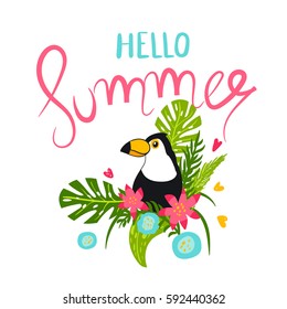 Summer illustration with toucan, tropical plants and and inscription hello summer