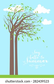 Sommerkollektion mit Bäumen und Wolken. Ort für Text