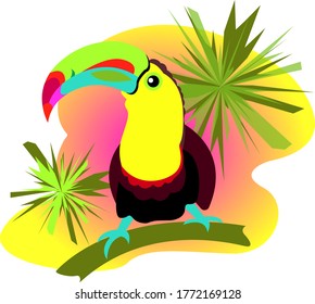  summer illustration of tropical bird . multicolor vector toucan and flowers.