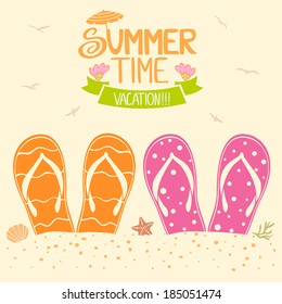 summer illustration two pairs of flip flops in the sand