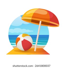 Summer illustration. Umbrella and inflatable ball. Vector illustration isolated on white background.