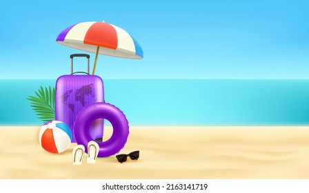 Summer illustration with vacation elements. Horizontal banner with copy space