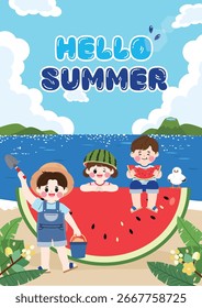 Summer illustration, summer vacation, sea background, happy people