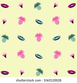 Summer illustration and vector design for background and wallpaper. This design has a pink ice-cream, a green life ring and a pink pineapple.