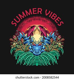 Summer illustration vector design with twin fish and leaves suitable for t-shirts, posters and other designs