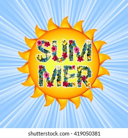 Summer Illustration. Vector shiny sun With floral letters. Summer lettering vector background illustration.