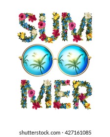 Ilustración de verano. Sol vectorial brillante con letras florales. Ilustración de fondo vectorial con letras de verano. Círculo de gafas de sol con palmas reflejadas.