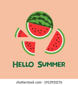 Summer illustration with watermelon.  Hello summer, 2d vector, eps 8