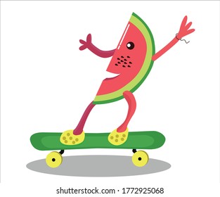 Summer illustration of a watermelon on a skateboard in crox. Flat illustration isolated on white background in vector.