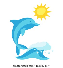 Summer illustration with wave and dolphin. Print in simple cartoon style.