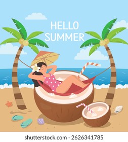 Ilustração de verão com uma mulher descansando em uma rede de suco de coco de praia